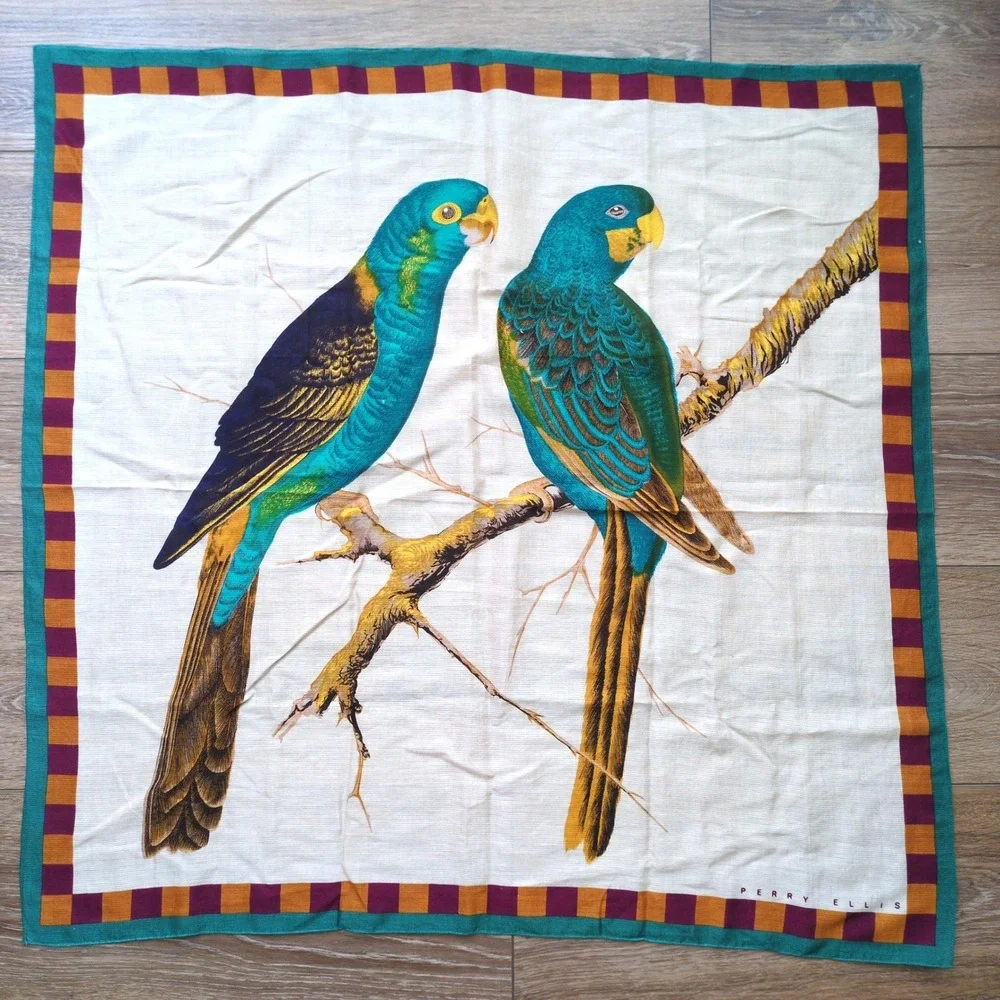 Vtg 80s/90s Perry Ellis Parrot Scarf Tropical Blue Teal Bird Cotton Square Japan